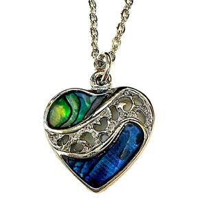 Heart-Shaped Abalone Silver Tone Pendant Necklace Filigree Design Chain